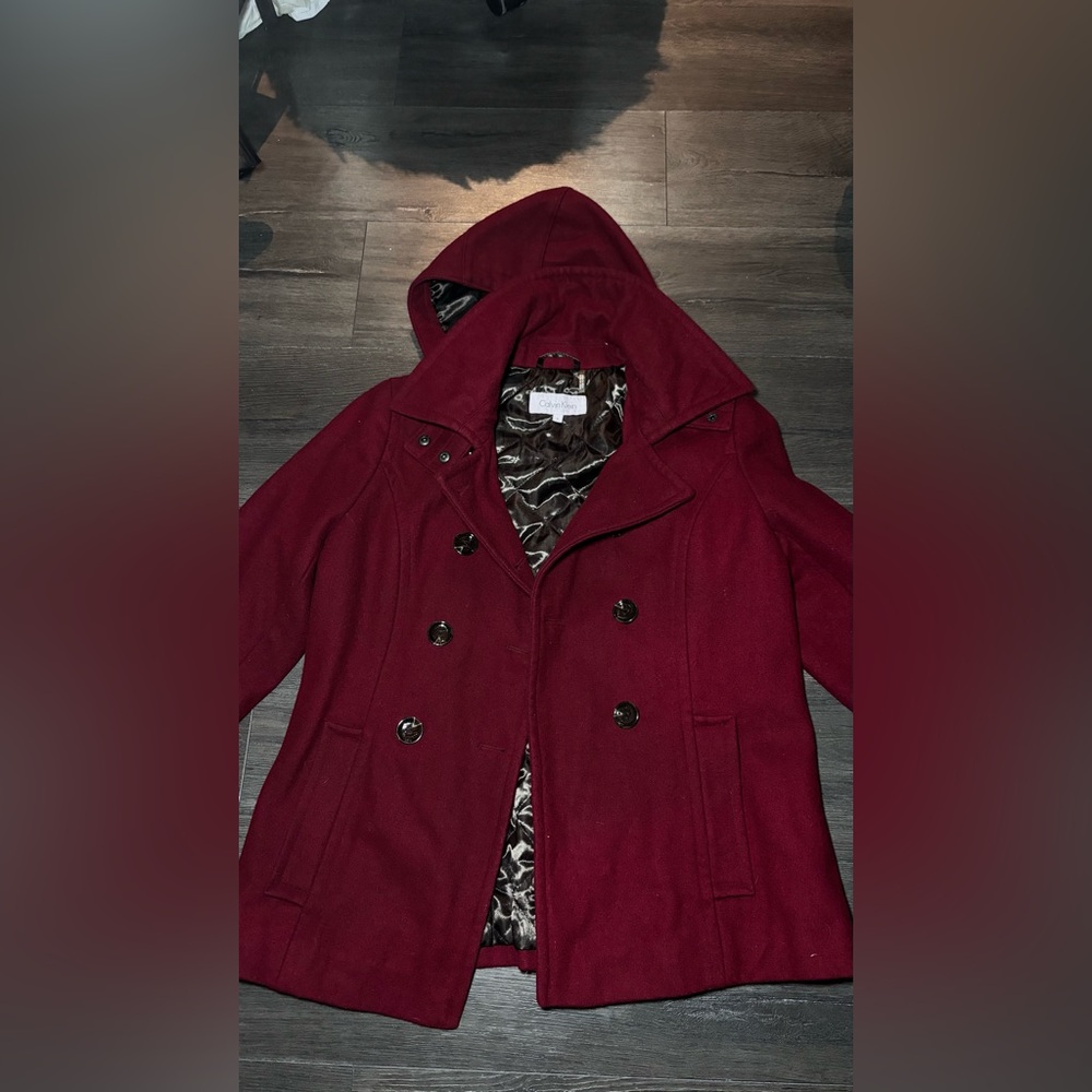 Calvin Klein Women's Hooded Double-Breasted Pea Coat - Wine